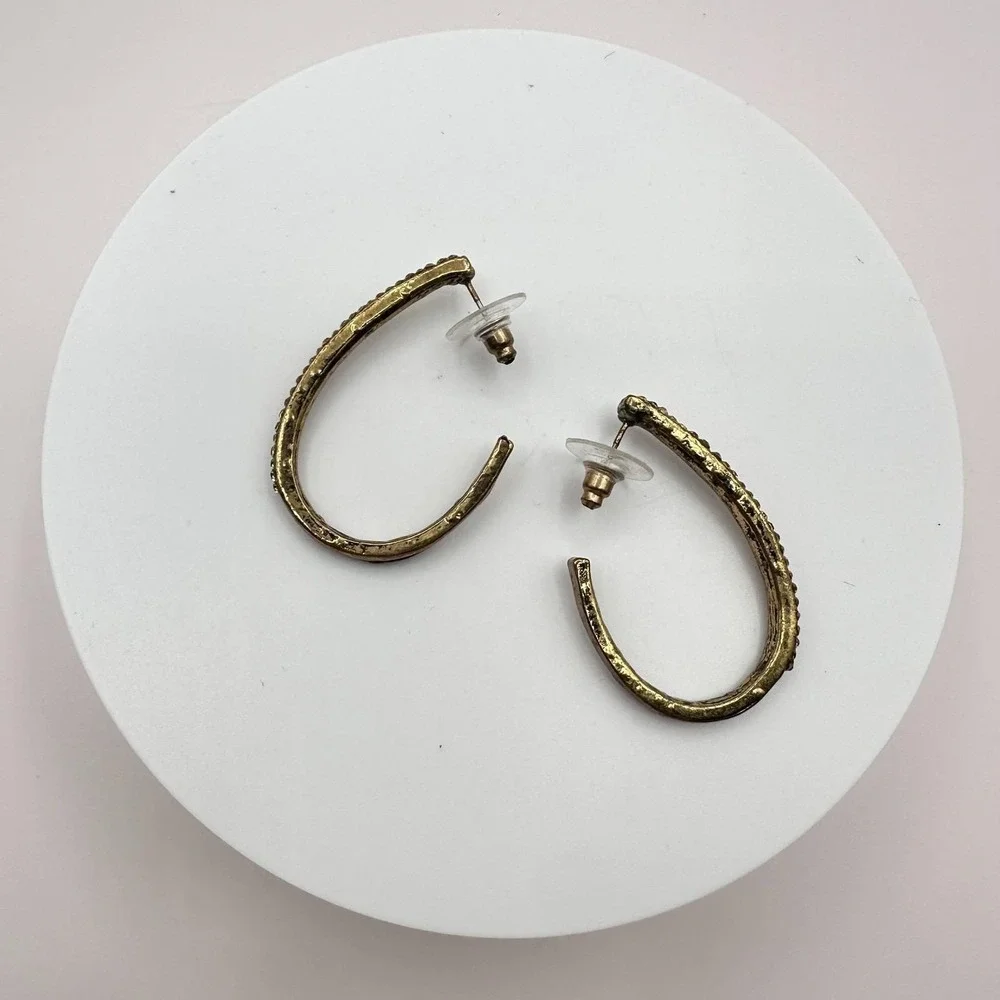 Vintage 90s Gold Tone Oval Hoop Earrings Champagne Glass Accents Style‎ Fashion